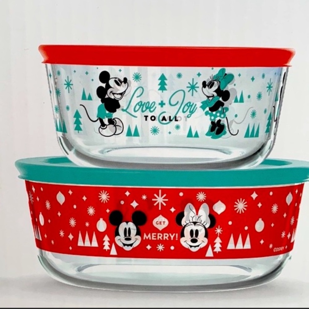 NIB Pyrex Disney Christmas Mickey & Minnie Mouse Decorated Glass Containers Lids - Picture 1 of 7